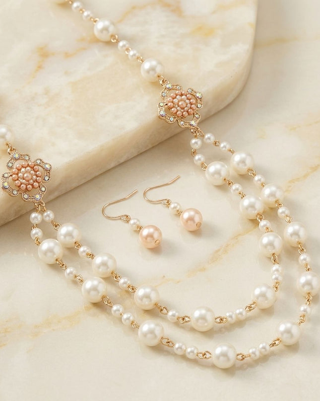 Cream Pearl and Pink Pearl Flower Layered Necklace