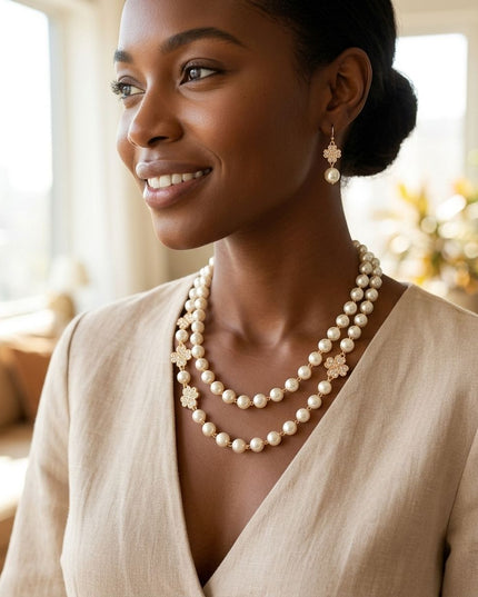 Cream Pearl Lucky Charm Layered Necklace Set