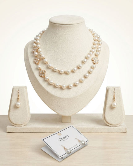 Cream Pearl Lucky Charm Layered Necklace Set