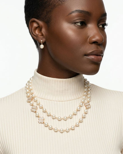 Cream Pearl Lucky Charm Layered Necklace Set