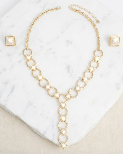 Y Gold Round Link Cream Pearl Pyramid Necklace