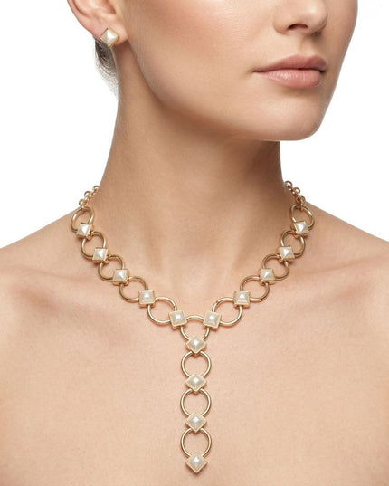 Y Gold Round Link Cream Pearl Pyramid Necklace