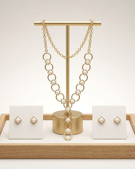 Y Gold Round Link Cream Pearl Pyramid Necklace
