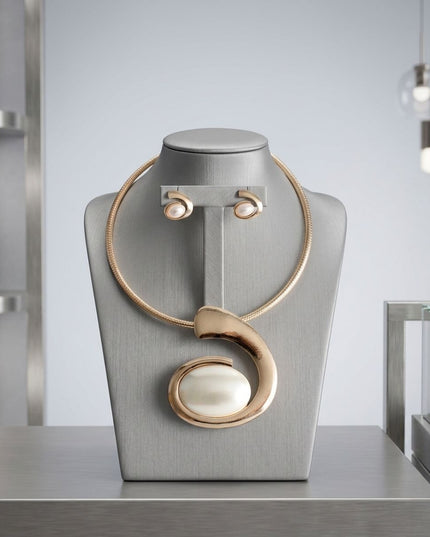 Gold Sculpted Pearl Swirl Pendant Collar Necklace