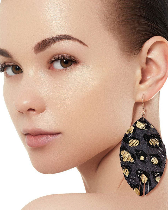 Gray Leopard Leather Feather Earrings