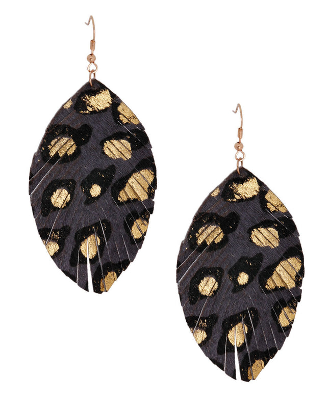 Gray Leopard Leather Feather Earrings