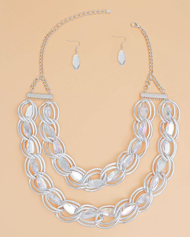 Chain Necklace Double Linked Silver Crystal Set