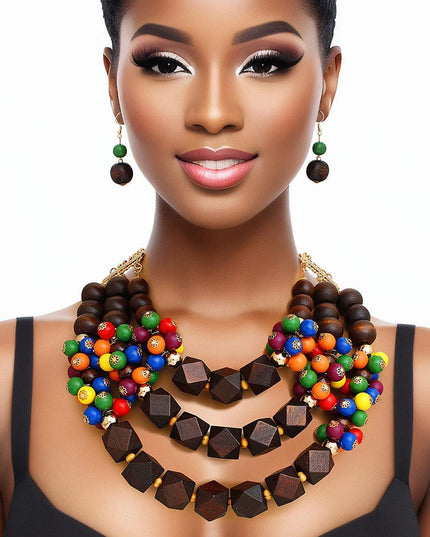 Necklace Wooden Cluster Bead Striking Set Women