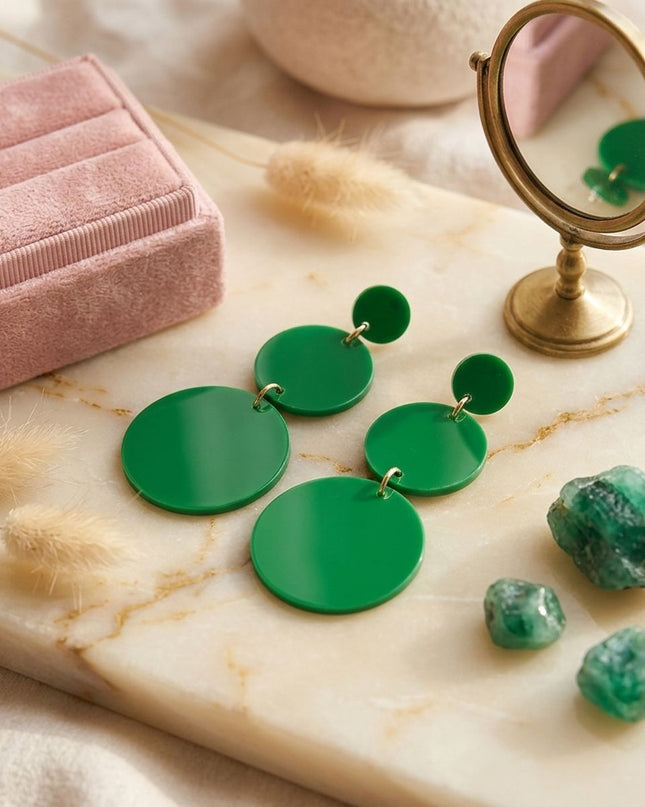 Dangle Green Mirror Triple Disc Drop Earrings