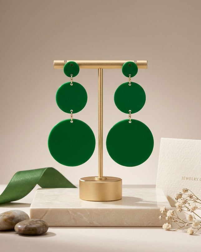 Dangle Green Mirror Triple Disc Drop Earrings