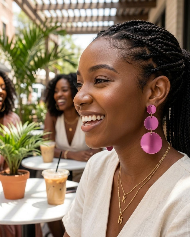 Dangle Pink Mirror Triple Disc Drop Earrings
