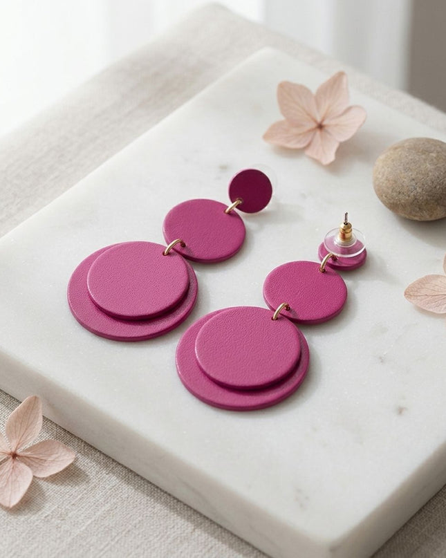 Dangle Pink Mirror Triple Disc Drop Earrings