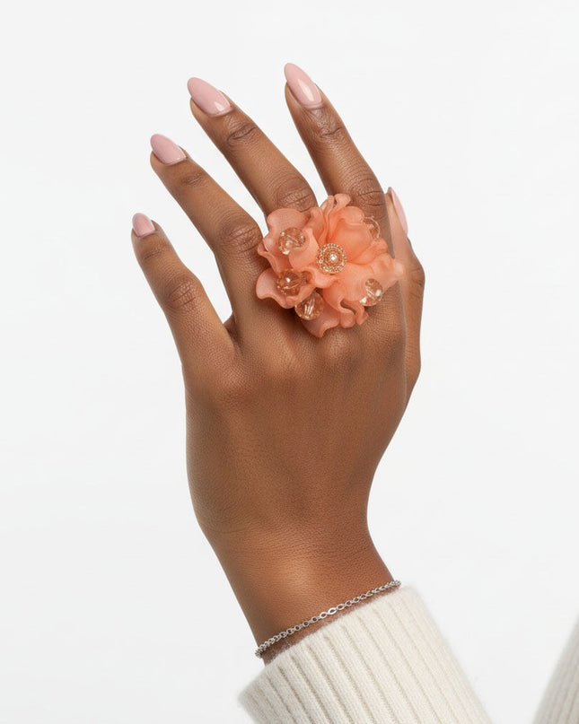 Cocktail Coral Sculpted Petal and Bead Flower Ring