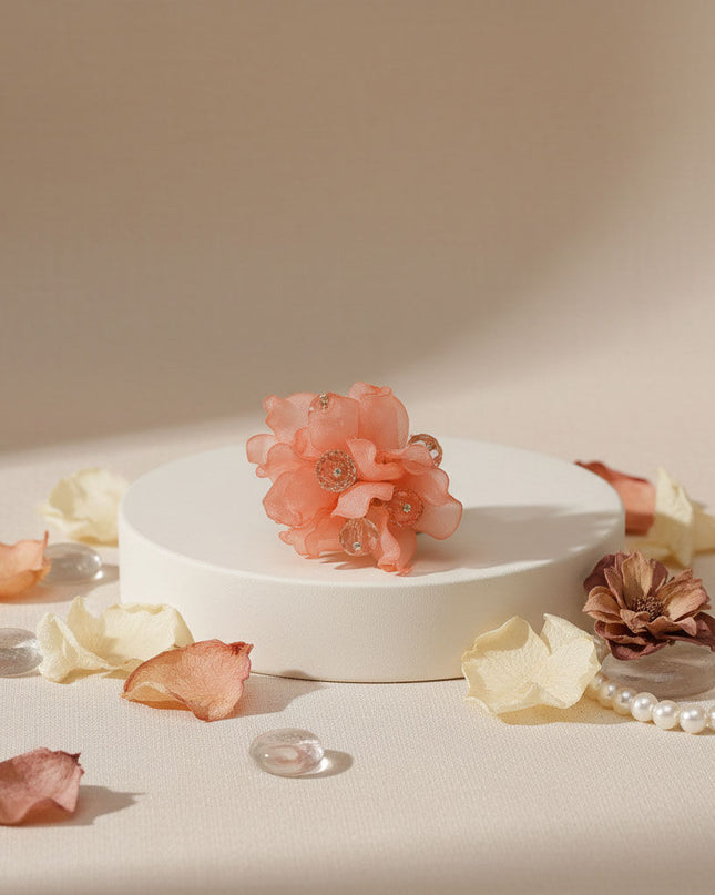 Cocktail Coral Sculpted Petal and Bead Flower Ring