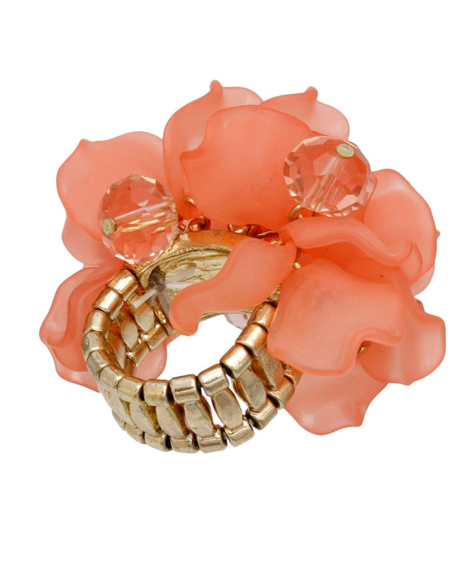 Cocktail Coral Sculpted Petal and Bead Flower Ring