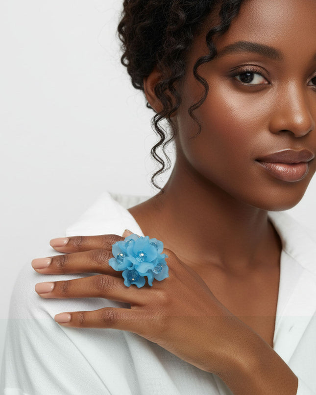 Cocktail Turquoise Sculpted Petal Bead Flower Ring
