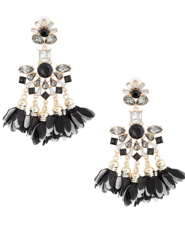 Black Crystal Flower Tassel Earrings
