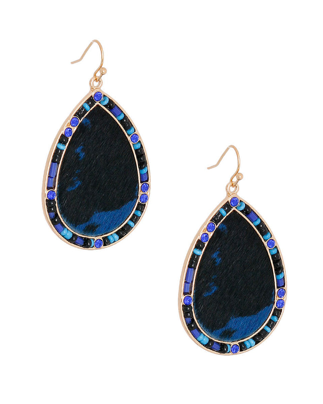 Blue Genuine Leather Bead Earrings