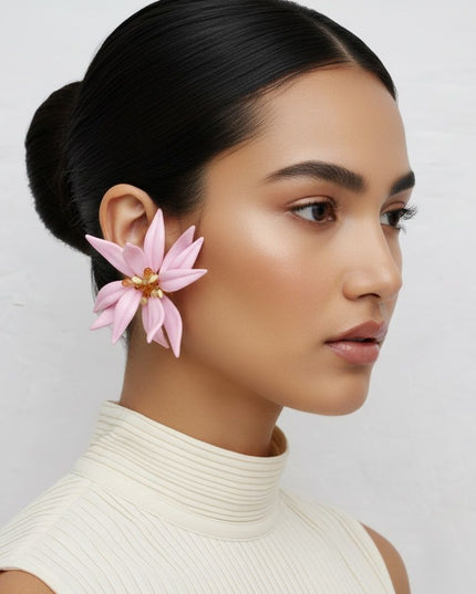 Stud Pink Tropical Flower Oversized Petal Earrings