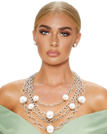 White Pearl 4 Layer Chain Link Necklace
