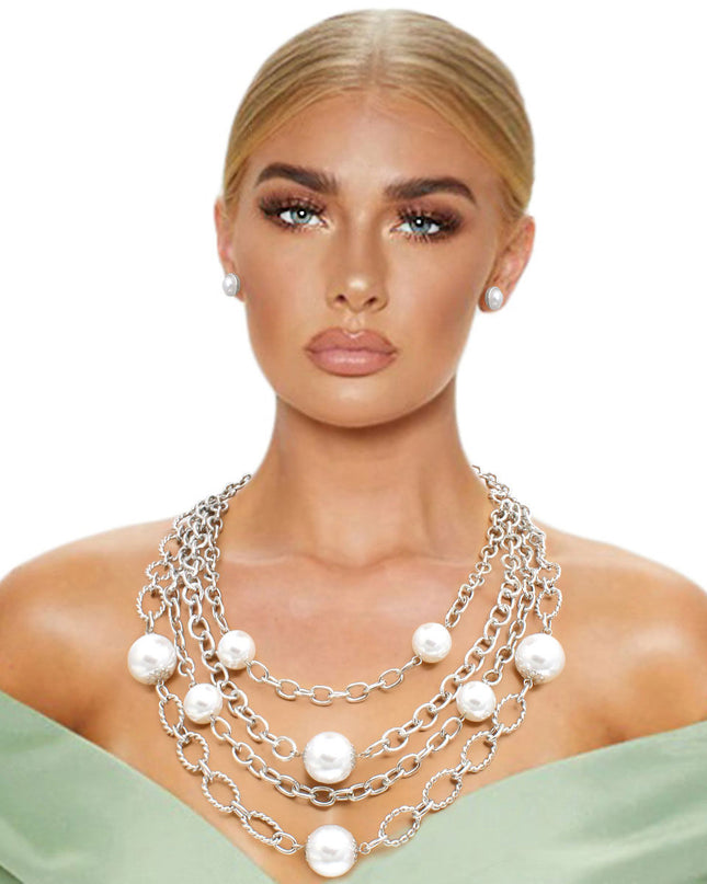 White Pearl 4 Layer Chain Link Necklace