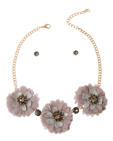 Gray Fabric Flower Necklace Set