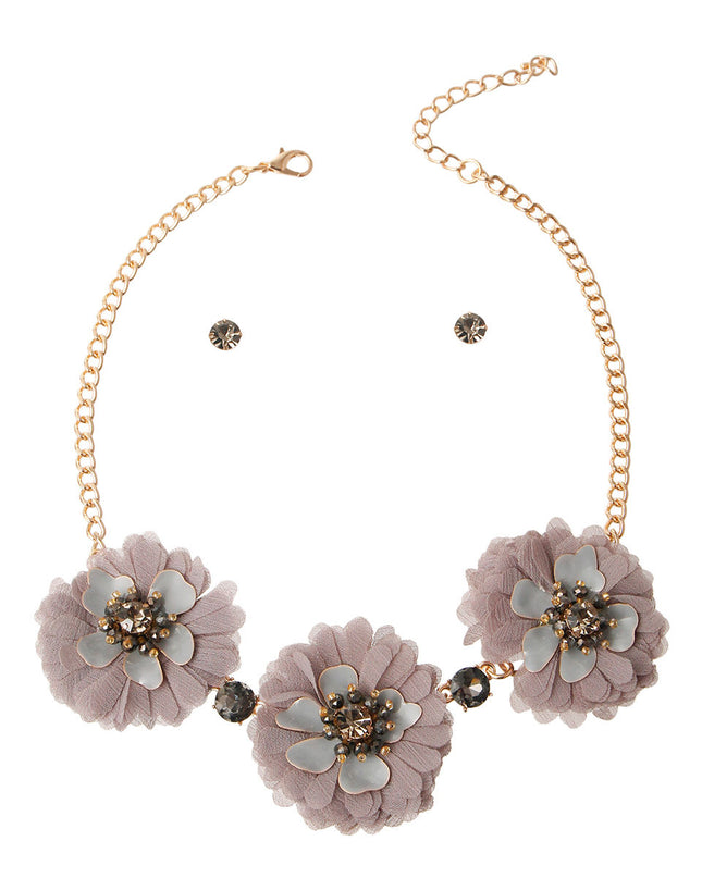 Gray Fabric Flower Necklace Set