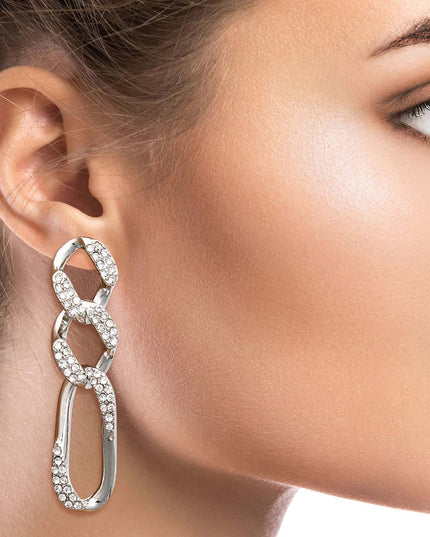 Silver Rhinestone Crusted Chain Earrings