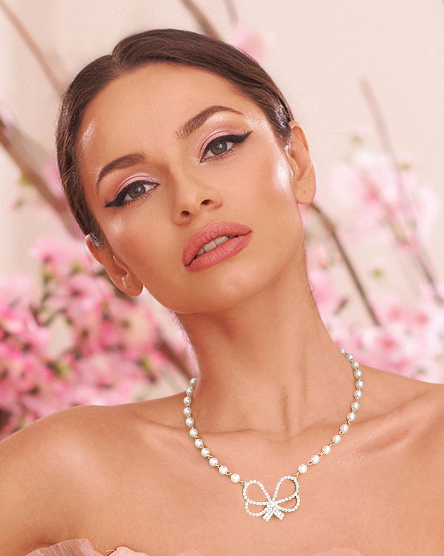 Cream Pearl Rhinestone Bow Necklace
