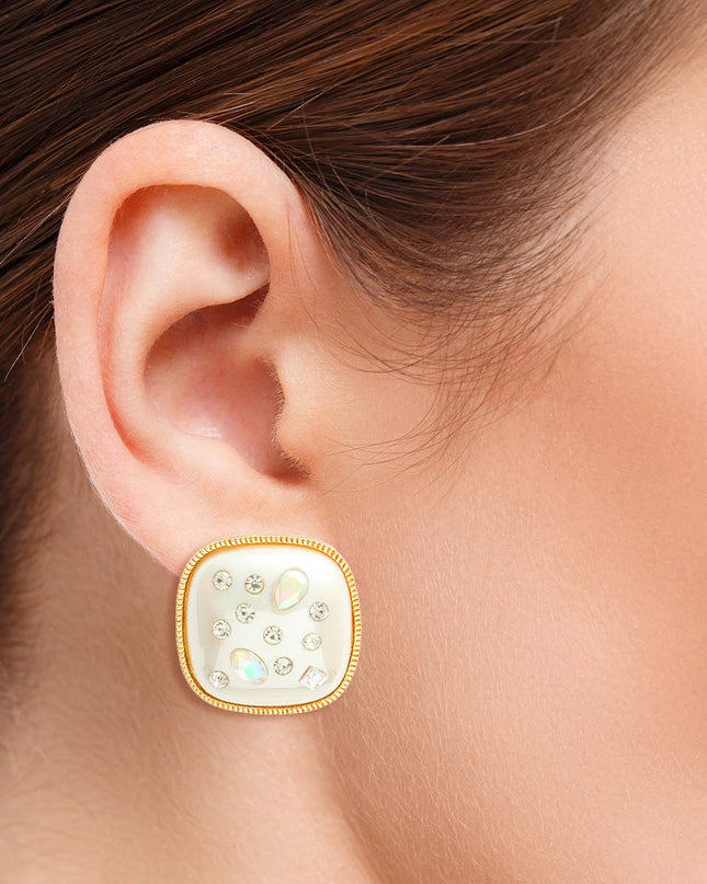 Gold Cream Pearl Square Studs