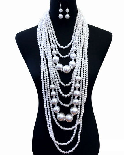 White Long White Pearl Necklace Set