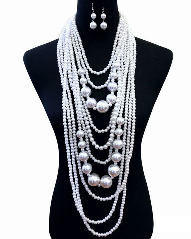 White Long White Pearl Necklace Set