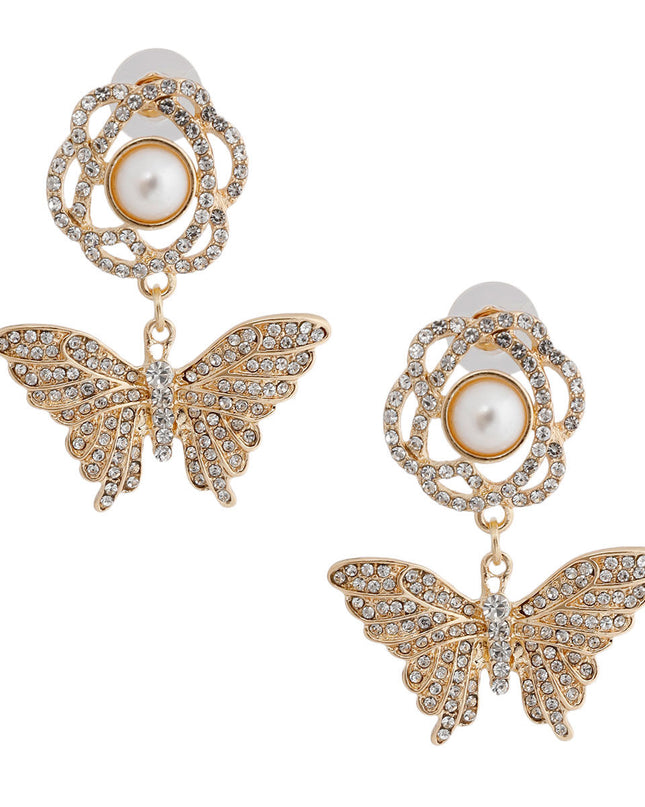 Gold Rose Butterfly Rhinestone Earrings