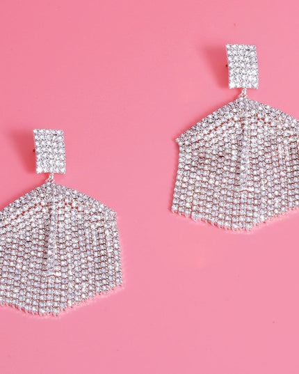Silver Hexagon Rhinestone Fringe Earrings