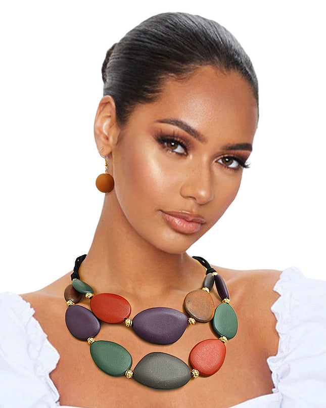 Multi Color Wood Layered Cord Necklace