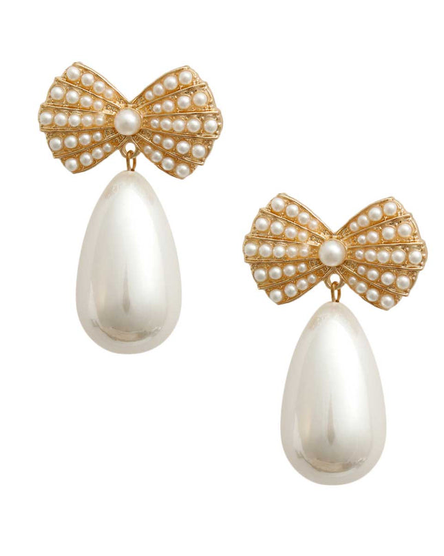 Gold Bow Cream Pearl Teardrop Earrings