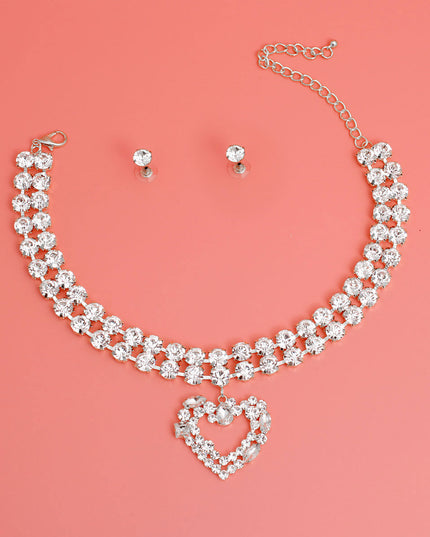 Silver Crystal 2 Row Heart Choker Set