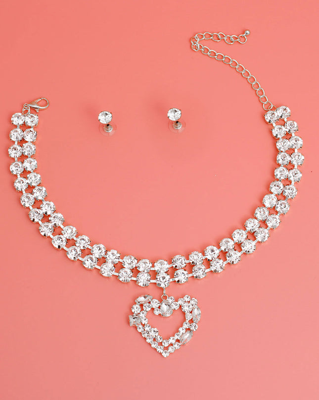 Silver Crystal 2 Row Heart Choker Set