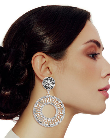 Silver Rhinestone Round Greek Key Earrings