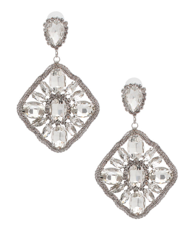 Silver Glass Crystal Diamond Earrings