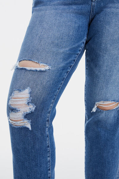 Full Size High Waist Distressed Cat's Whiskers Straight Jeans