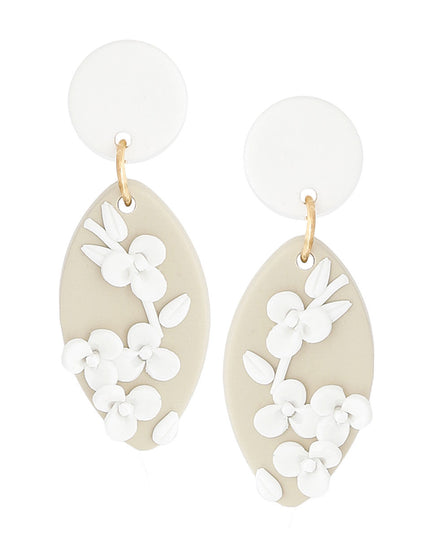 White Tan Clay Marquise Flower Bridal Earrings