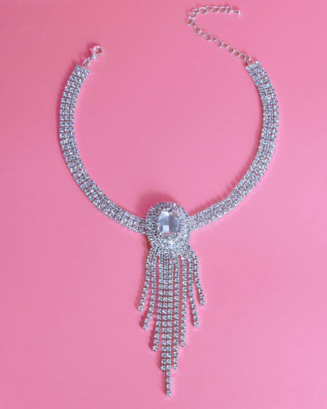 Silver Frame Fringe Rhinestone Choker