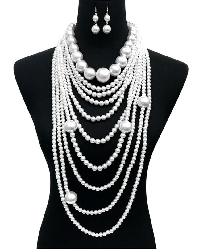 White Long White Pearl Necklace Set