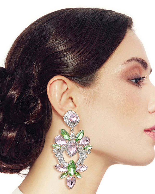 Light Pink Green Glass Crystal Heart Earrings