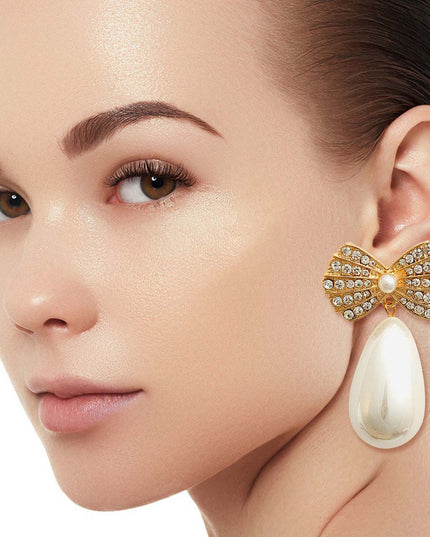 Gold Bow Pearl Teardrop Earrings