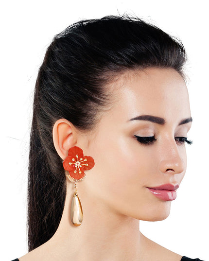 Red Flower Gold Teardrop Earrings