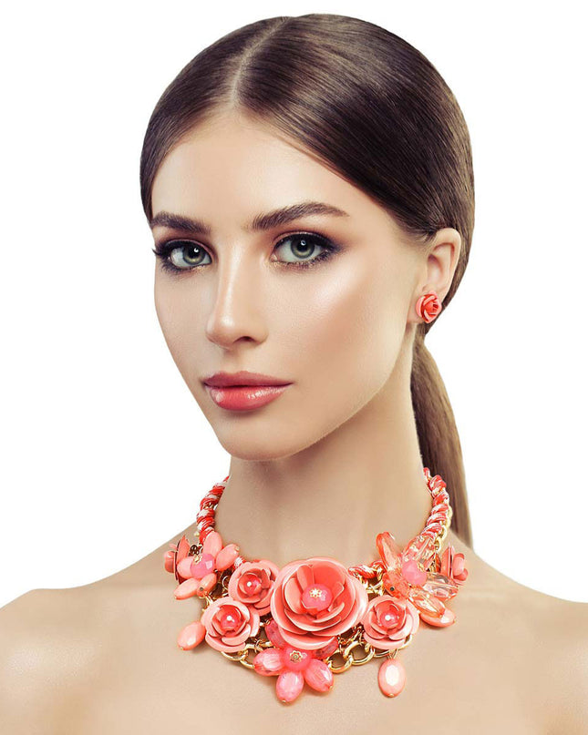 Dark Coral Rose Collar Necklace Set