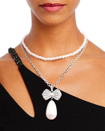 Double Layer Pearl Bow Silver Necklace