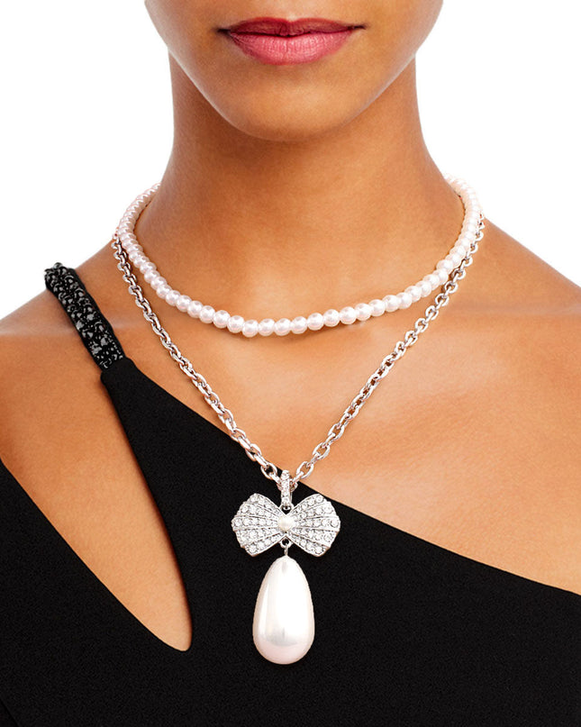 Double Layer Pearl Bow Silver Necklace
